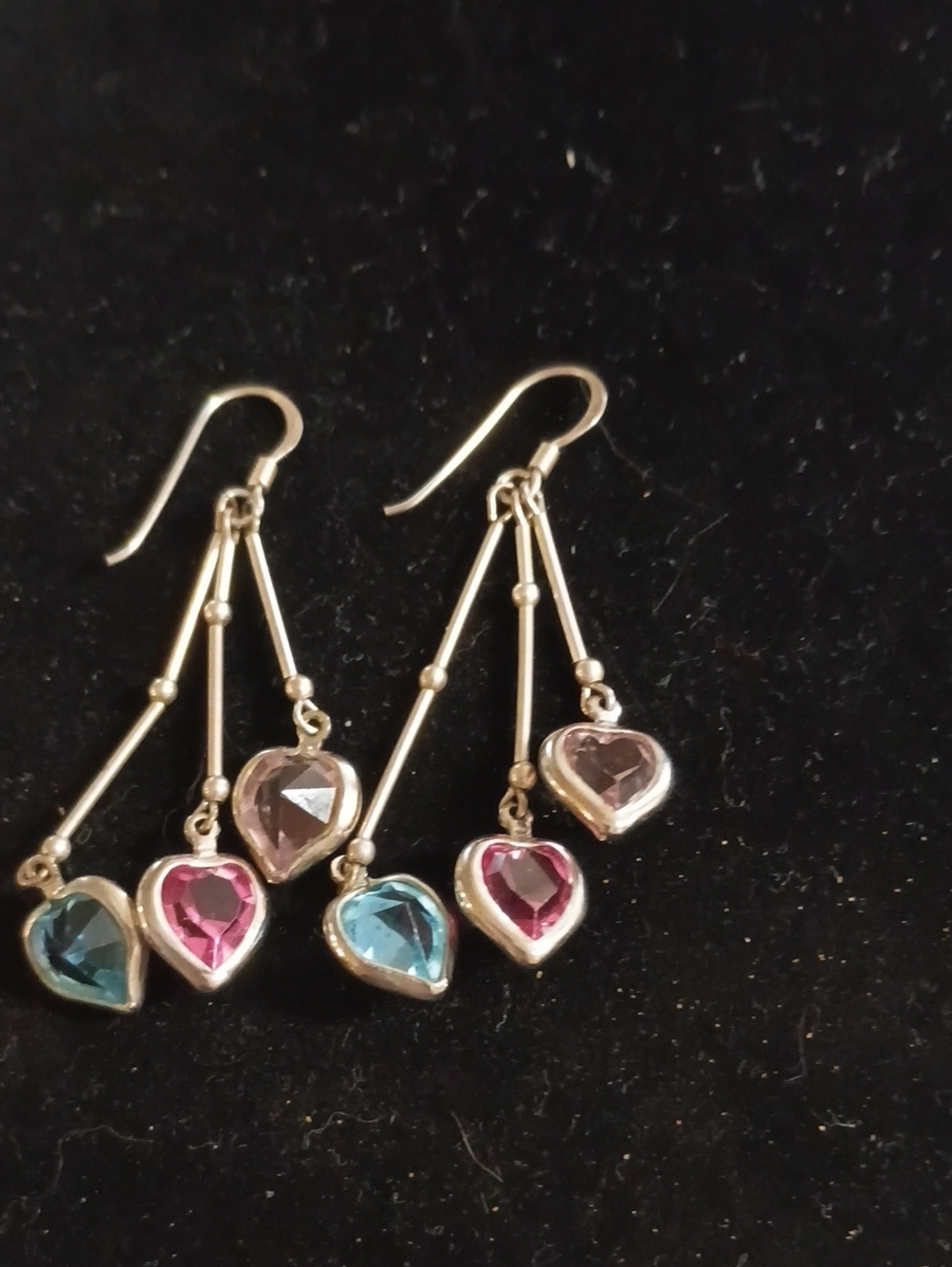 Gold-Tone Heart Drop Earrings with Pink and Blue Gemstones